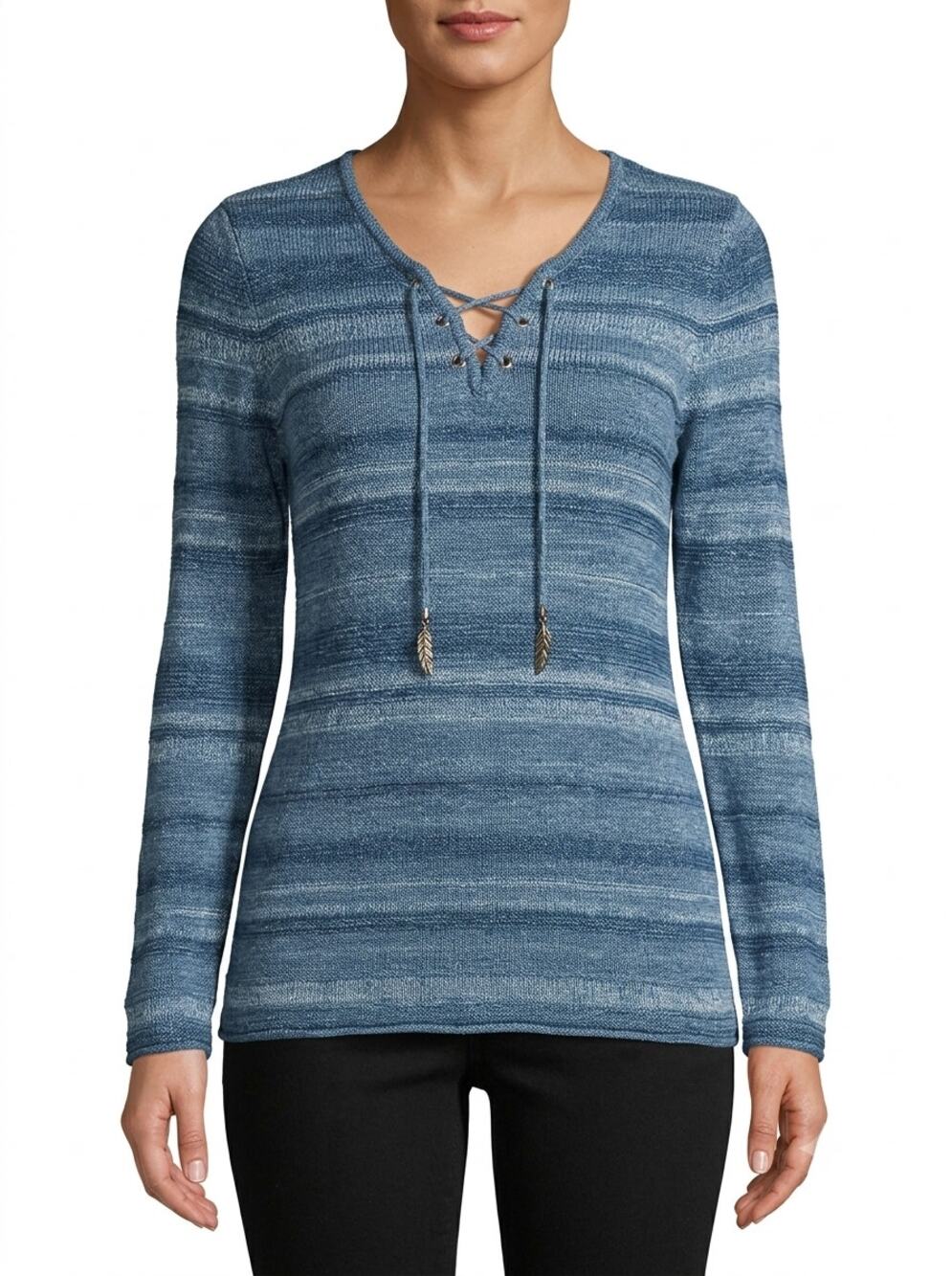 Lauren Jeans Co. Ralph Lauren Sweater Women's S Blue Striped Knit Lace Up V-Neck